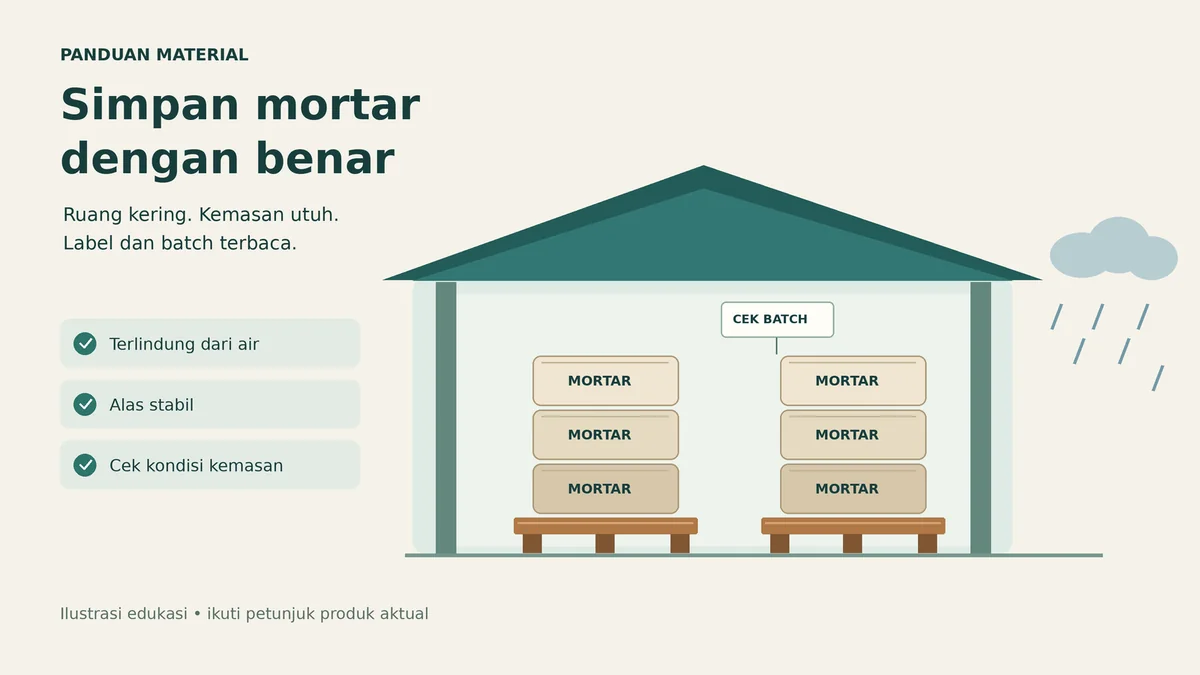 Ilustrasi sak mortar di atas dua palet dalam ruang beratap, dengan hujan di luar dan pengingat memeriksa kemasan serta batch.